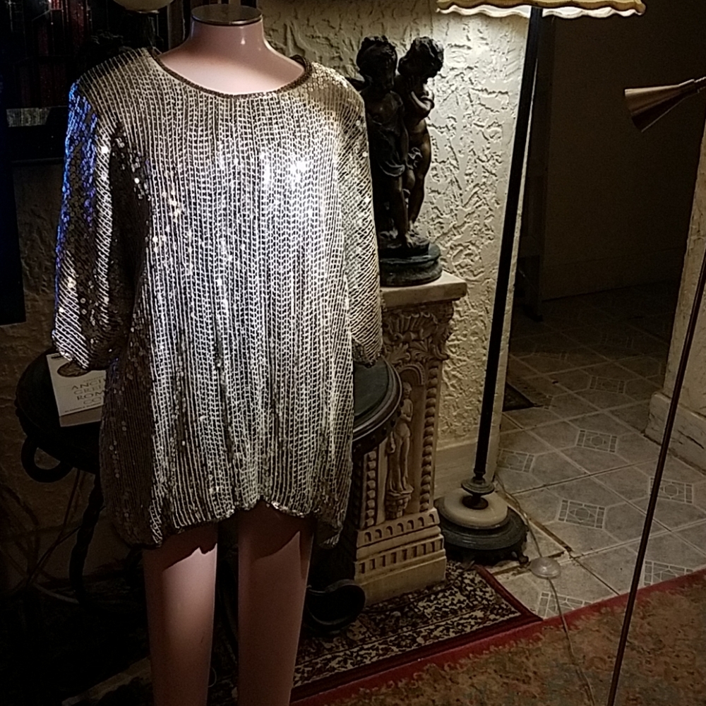 Showstopping silver silk and sequins top